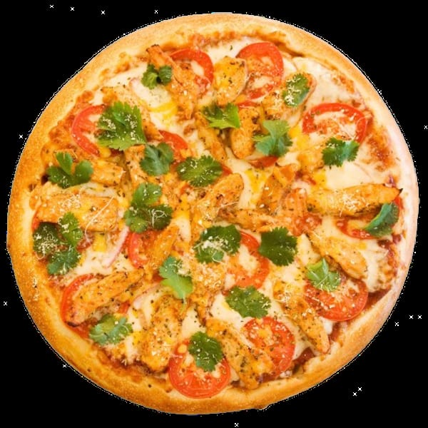 Round pizza topped with seasoned chicken, sliced tomatoes, fresh cilantro, and melted cheese.