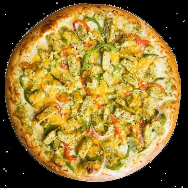 Whole chicken pesto pizza with green and red bell peppers, red onions, and melted cheese.