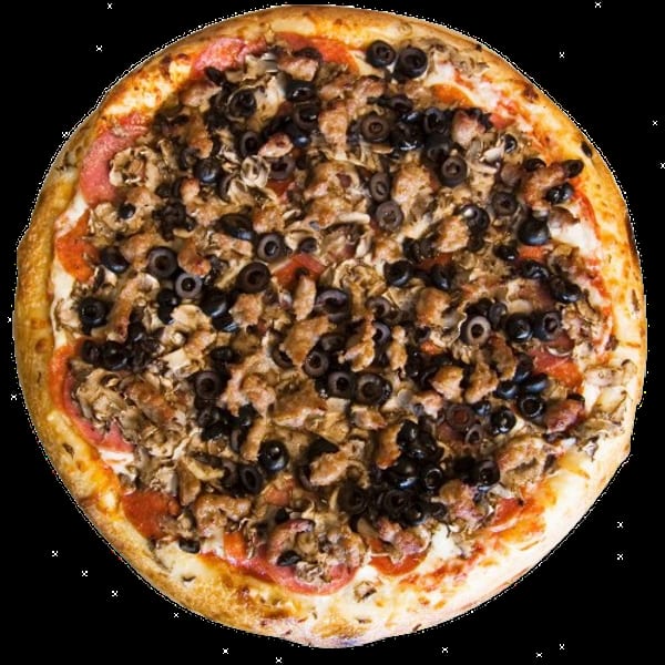 Whole pizza with pepperoni, black olives, mushrooms, and crumbled sausage.