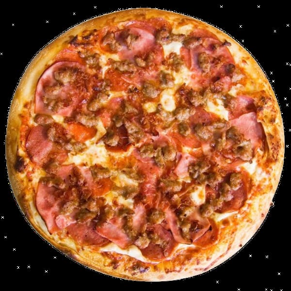 Round pizza topped with pepperoni, ham, and crumbled sausage.