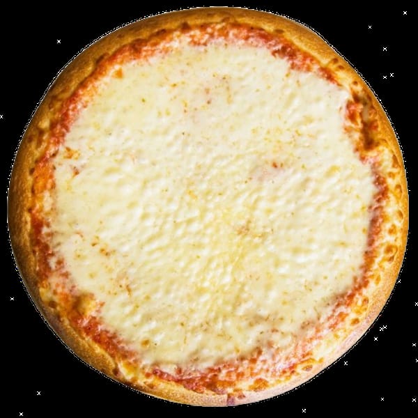 Classic round cheese pizza with melted white mozzarella and red tomato sauce on a golden crust.