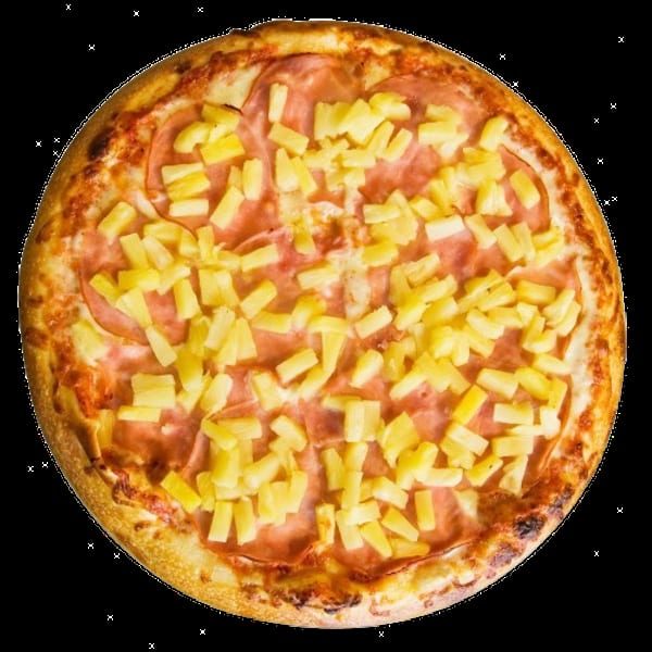 Whole Hawaiian pizza with ham and pineapple chunks on a golden crust.