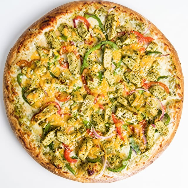 Creamy Pesto Chicken Pizza.